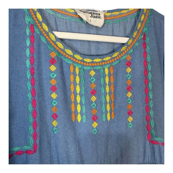 Savanna Jane Women’s Large Chambray Boho Dress Embroidered Geometric Y2K - Picture 8 of 9